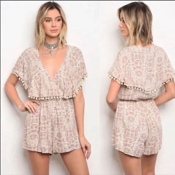 Honey Belle Boho Pom Pom Tassel Romper Blush Pink Cream L - Picture 1 of 12